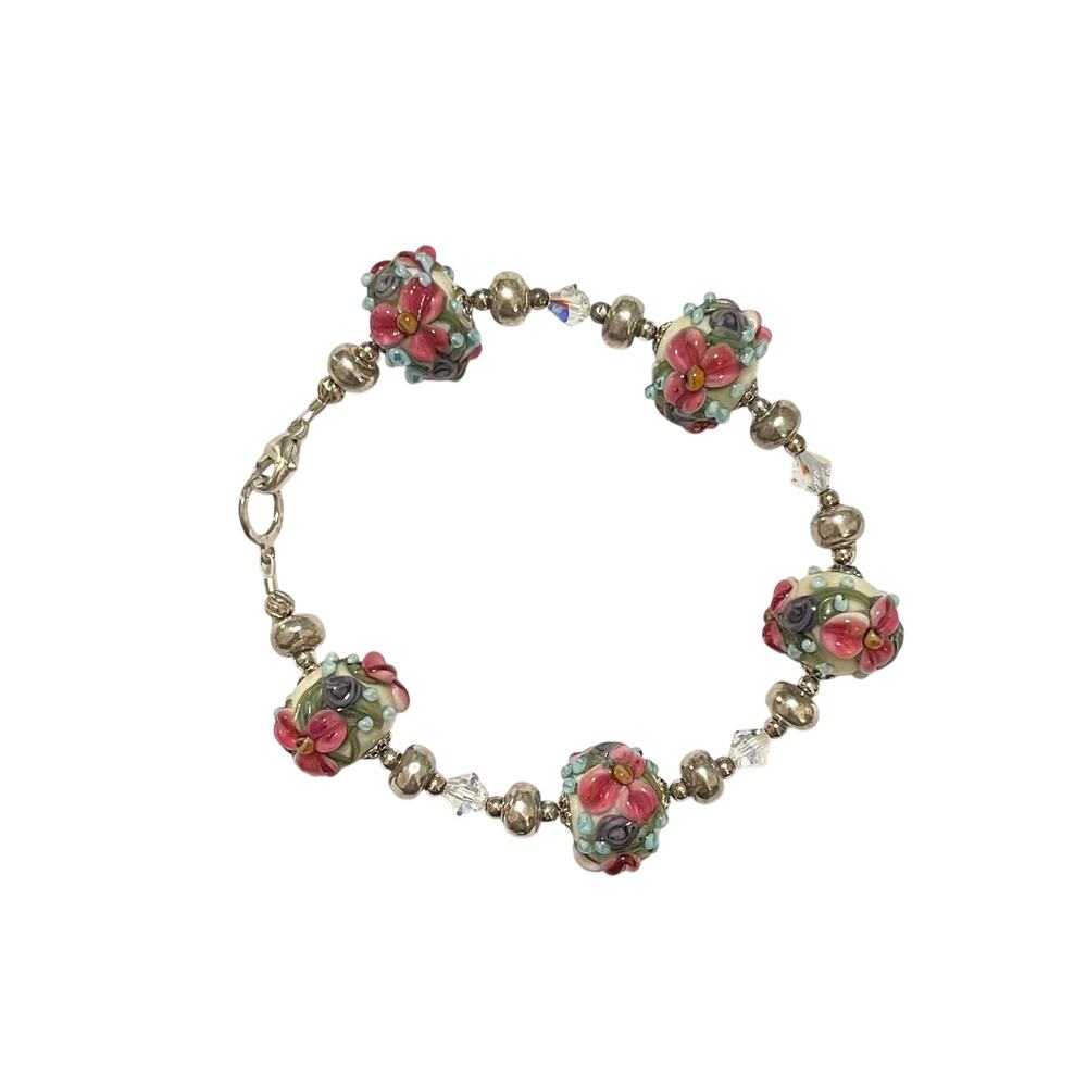 Handmade Lampwork Glass Beads Pink Raised Flower Blue Dots Bracelet 9"